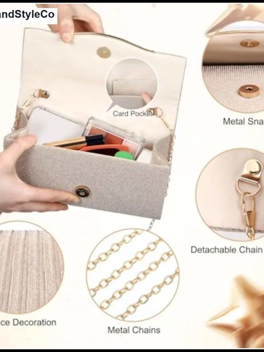 Champagne Sequin Evening Clutch Pleated Wristlet with Gold Chain - Formal